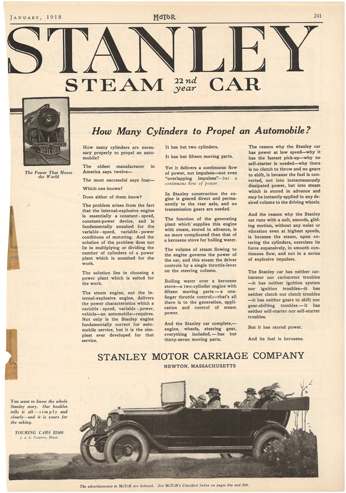 Stanley Motor Carriage Company advertisement, January 1918 in Motor