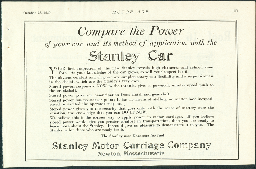 Stanley Motor Carriage Company October 28, 1920 Motor Age Advertisement, p. 109