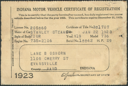 Indiana Motor Vehicle Certificate of Registration