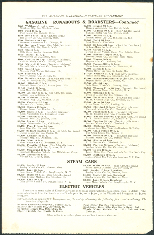 The American Magazine, February 1907 Steam Car List at Show