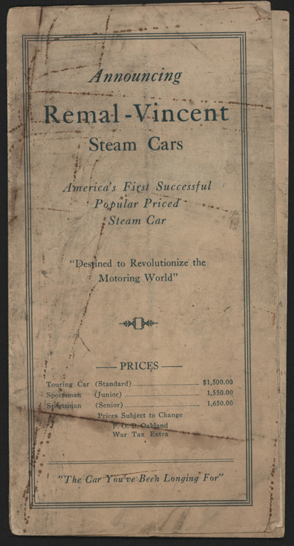 Steam Car Corporation of California, Trade Catalogue, Remal-Vincent Steam Car, 1923