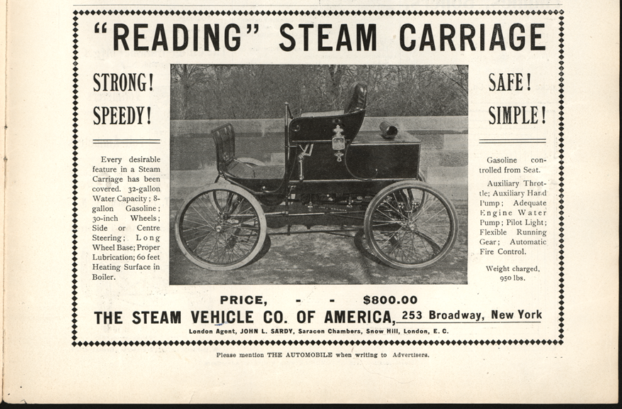 Reading Steam Car, Steam Vehicle Company of America, Magazine Advertisement, The Automobile,  April 1901, p. 91.
