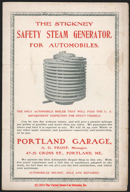 Stickney Steam Generator, Portland Garage Brochure, Maine, 1904
