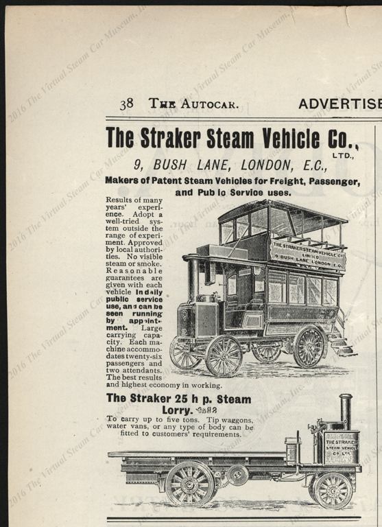 Straker Steam Vehicle Company, June 8, 1901, Magazine Advertisement, The Autocar, p. 38.