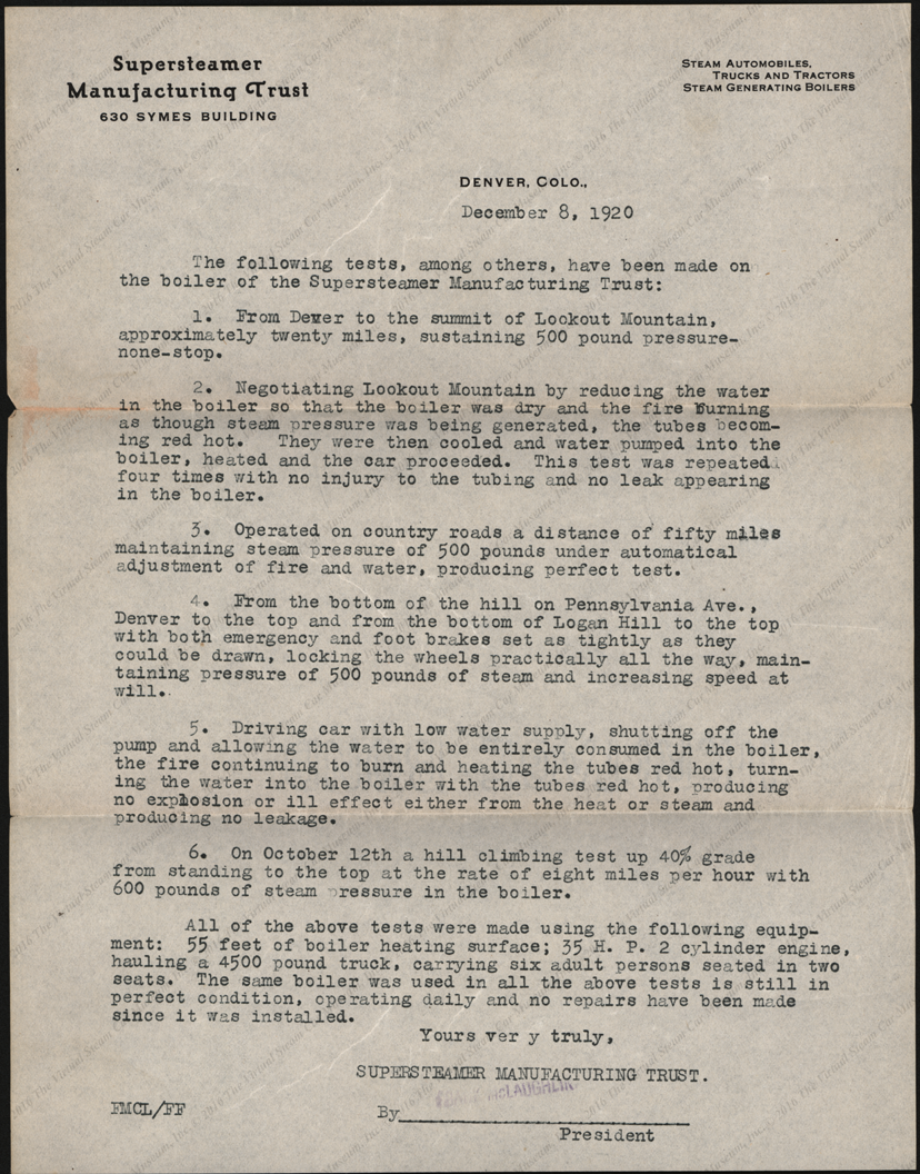 Supersteamer Manufacturing Trust, Demver, CO, December 8, 1920, promotional letter