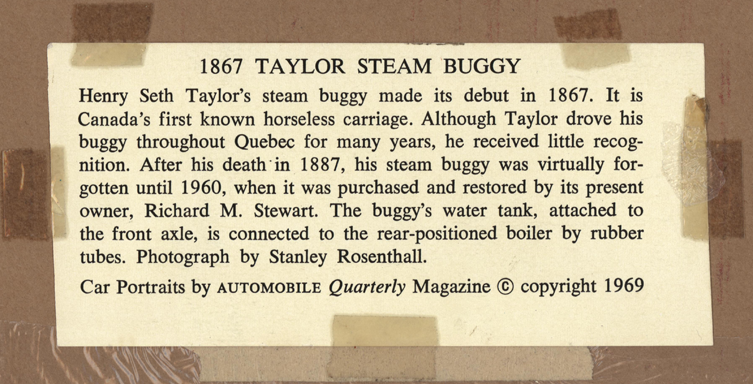 Henry Seth Taylor Steam Carriage, Canada, 1867, Automobile Quarterly Car Portraits, 1969, Reverse