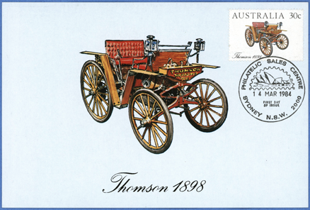 Herbert Thomson Steam Car, Australia 1898, New South Wales Stamp Promotion Council postcard 1984 front
