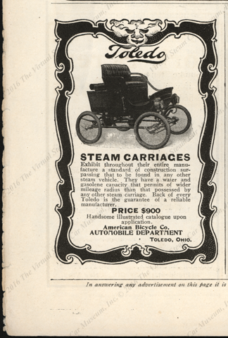 Toledo Steam Carriage Magazine Advertisement, 1901 Munsey's Magazine, American Bicycle Company Automobile Department