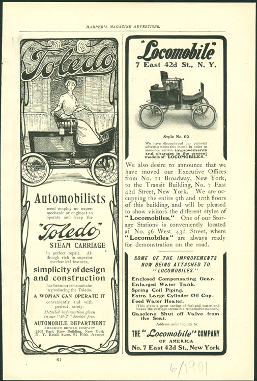 Toledo Steam Carriage, American Bicycle Company Magazine Advertisement, June 1901, Harpers Magazine, p. 61