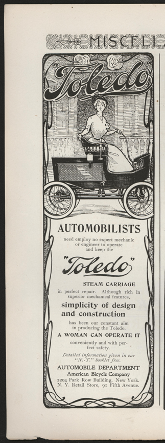 Toledo Steam Carriage, American Bicycle Company Magazine Advertisement, unknown magazine