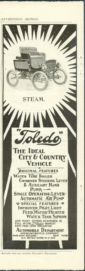 Toledo Steam Carriage, American Bicycle Company Magazine Advertisement, Munsey's Magazine, September 1901
