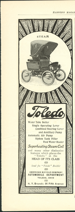Toledo Steam Carriage, American Bicycle Company Magazine Advertisement, Harper's Magazine, p. 72