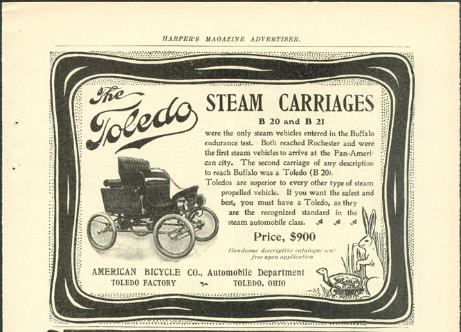 Toledo Steam Carriage, American Bicycle Company, Automobile Department, Magazine Advertisement, Harpers, November 1901, p. 109