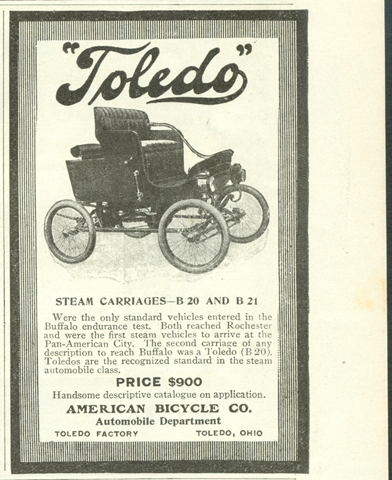 Toledo Steam Carriage, American Bicycle Company, Automobile Department, Magazine Advertisement, Munsey's Magazine, November 1901