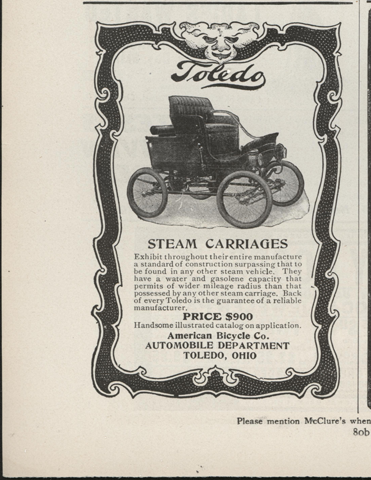 Toledo Steam Carriage, American Bicycle Company, Automobile Department, December 1901, McClure's Magazine, p. 80b