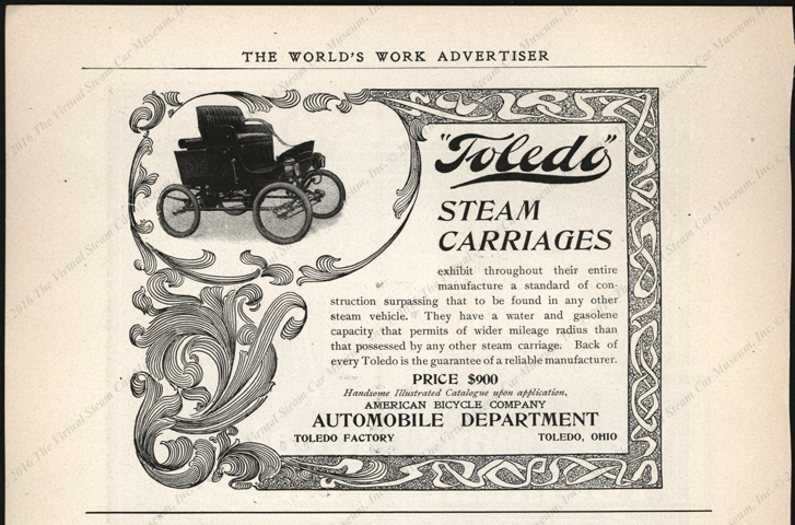 Toledo Steam Carriage, American Bicycle Company, Worlds Work Magazine advertisement, half page,  1901