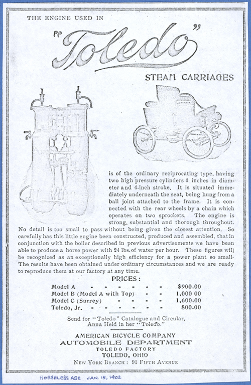 Toledo Steam Carriage, American Bicycle Company, Automobile Department, Horseless Age, January 15, 1902, Conde Collection