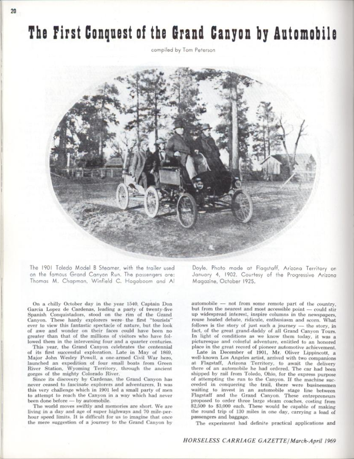 Toledo Steam Carriage, Tom Peterson Article, Horseless Carriage Gazette, March-April 1969, First Car to Grand Canyon