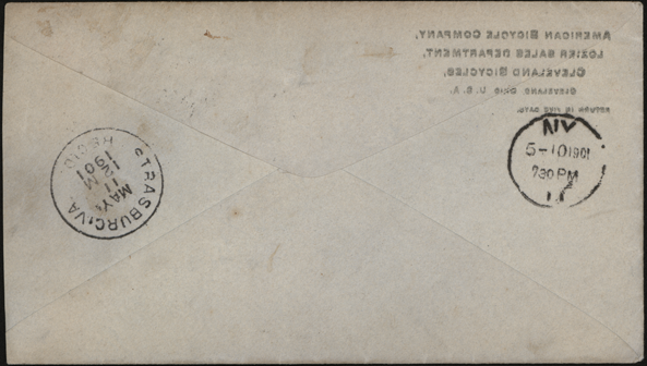 American Bicycle Company Advertising Cover, May 10, 1901, Westfield, MA Reverse