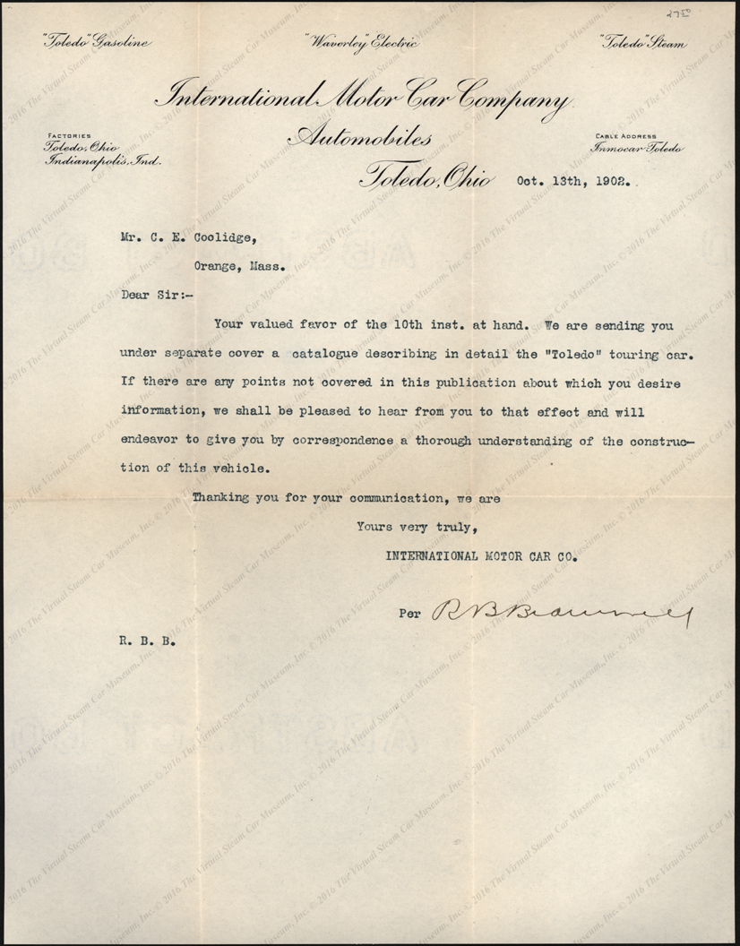 International Motor Car Company, Letter to C. E. Coolidge, October 13, 1902