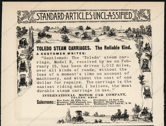 Toledo Steam Carriage, International Motor Car Company 1902  magazine advertisement in American Monthly Review of Reviews, p. 66.