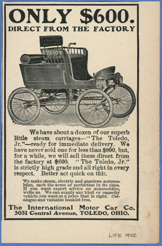 Toledo Steam Carriage, International Motor Car Company, Magazine Advertisement, Unknown Magazine, late 1902, Conde Collection