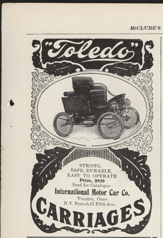 Toledo Steam Carriage, International Motor Car Company, February 1902 Magazine Advertisement, McClure's Magazine, p. 89