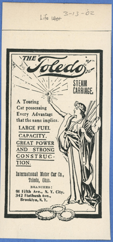 Toledo Steam Carriage, International Motor Car Company, Life Magazine Advertisement, March 13, 1902 Conde Collection