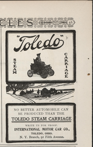 Toledo Steam Carriage, International Motor Car Company, Century Magazine Advertisement, March 1902, p. 56.