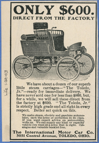 Toledo Steam Carriage, International Motor Car Company, Magazine Advertisement, Life Magazine, p. 93