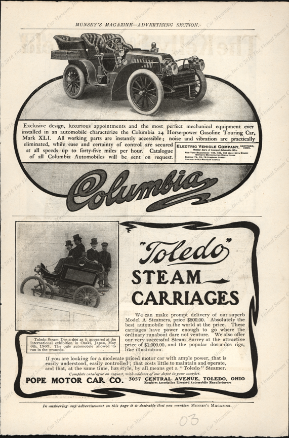 Toledo Steam Carriage, Pope Motor Company, 1903 Munsey's Magazine Advertisement