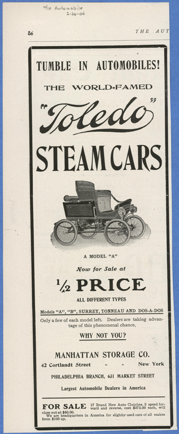 Toledo Steam Carriage, Manhattan Storage Company, February 20, 1904, The Automobile Magazine, p. 86, Conde Collection