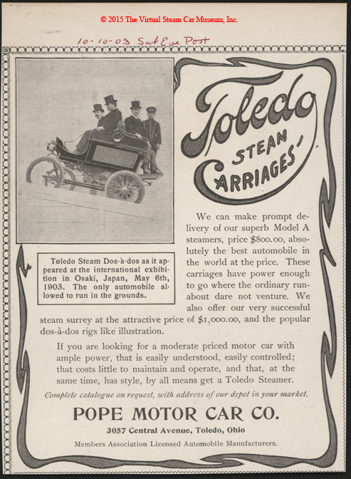 Toledo Steam Carriage, Pope Motor Car Company, October 10, 1903, Japan Hill Climb on May 6, 1903