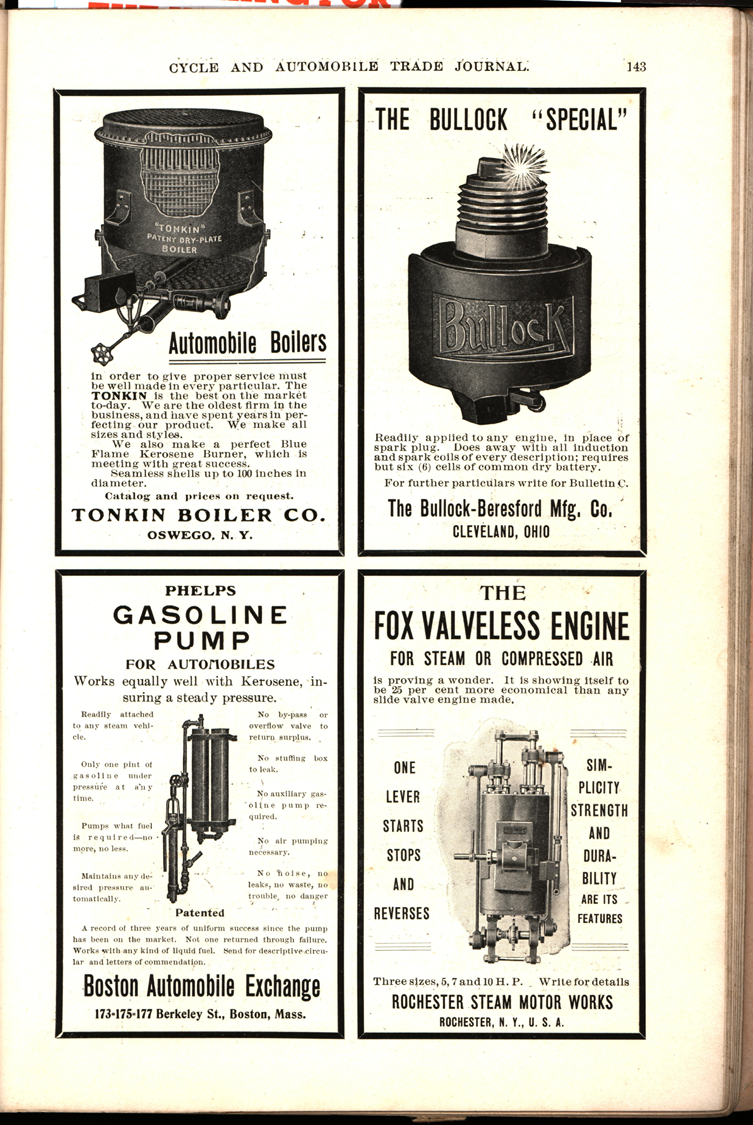 Tonkin Boiler Company, Magazine Advertisement, Cycle & Automobile Trade Journal, August 1904, p. 143.