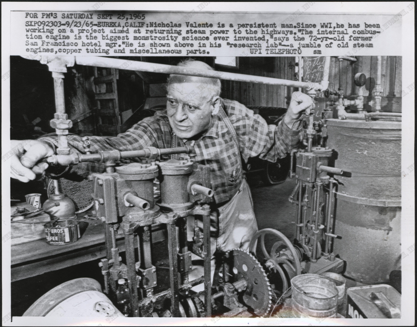 Nicholas Valente of Eureka, CA, September 25, 1965 Photo of his steam car engine.