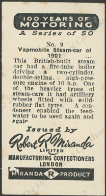 Vapomobile Steam Car, 1901, Confectioners's  Card.  Robert R. Miranda, LTD, Reverse