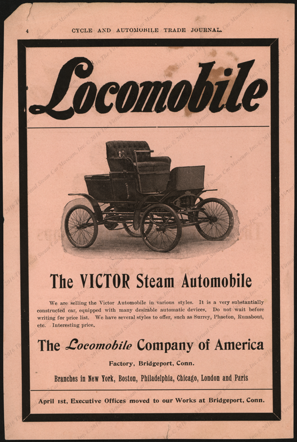Locomobile Company of America 1903 advertisement for Victor Steam Carriages, Cycle and Automobile Trade Journal, page 5.
