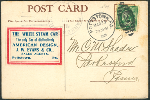 White Steam Car, Taft Inauguration Postcard, March 23, 1909, Pottstown, PA Dealer Reverse