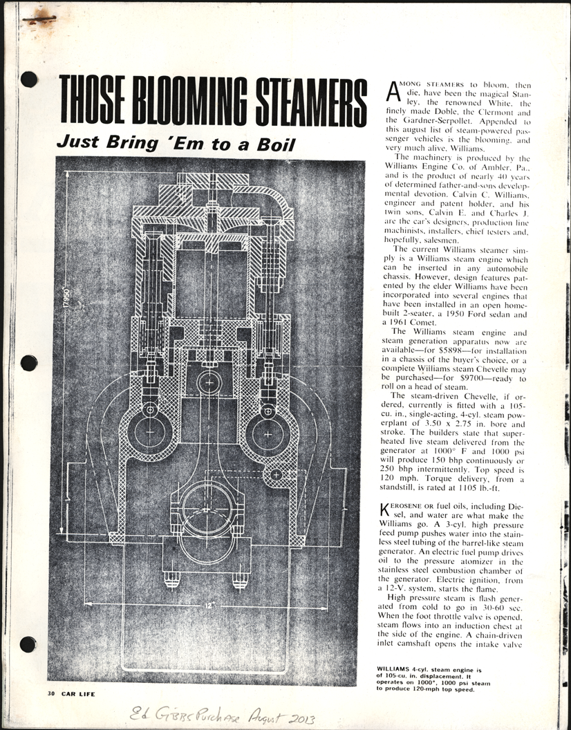 Williams Engine Copmany, Amber, PA, April 1967 Magazine Article, Car Life, p. 30.